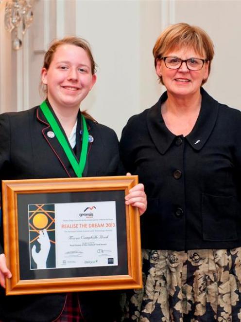 Logan Park High School pupil Meran Campbell-Hood with Royal Society of New Zealand acting chief...