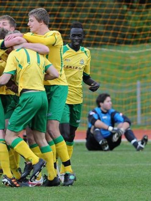 Lower Hutt City celebrates a goal during its 4-0 win against Caversham in the semifinal of the...