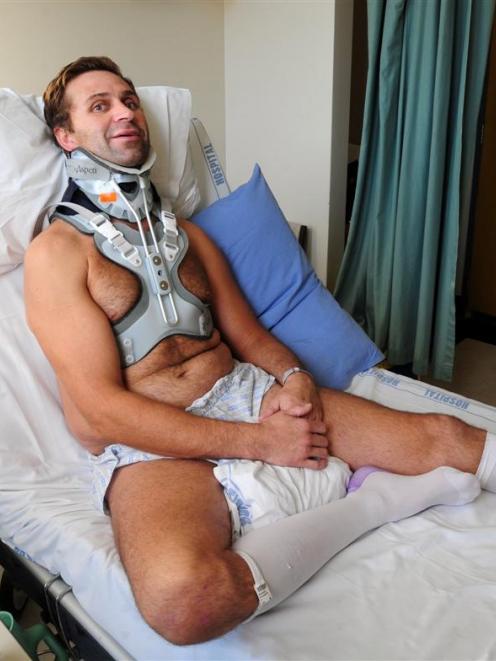 Lyndon Adams recoversg in Dunedin Hospital after a serious logging accident that nearly took his...
