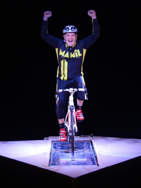Mark Hadlow rehearses his one-man-show Mamil (Middle-aged man in Lycra) in Dunedin yesterday....