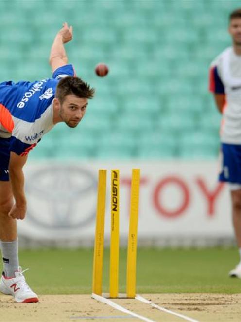 Mark Wood bowls during a training session. Photo by Reuters.