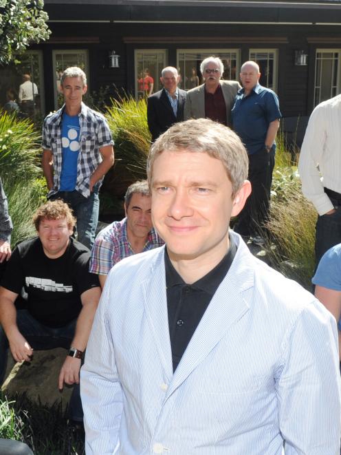 Martin Freeman, centre, who will play Bilbo Baggins, with other cast members of 'The Hobbit', in...