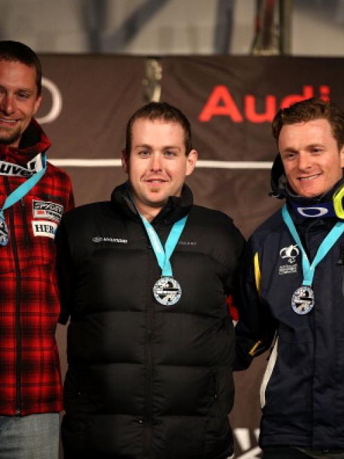 Matt Hallat of Canada, Adam Hall of New Zealand and Mitchell Gourley of Australia pose on the...