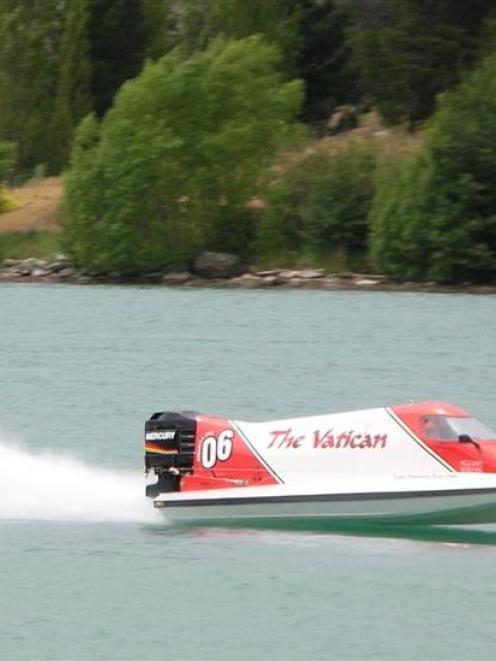 Matthew Pope, of Gore, drives his boat 'The Vatican', for the Lake Dunstan Power Boat Club, on...
