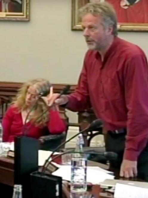 Cr Lee Vandervis airs his views at yesterday’s council meeting. Photos by 39 Dunedin Television.