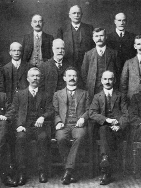 Members of the Otago Harbour Board. Back row: W. J. Bardsley , J. Blair Mason, G. Thomson. Middle...