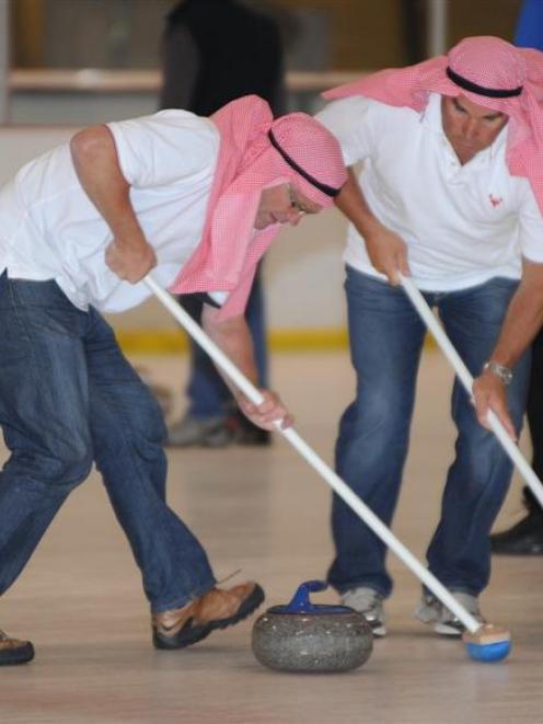 Members of the United Arab Curling team Pete "Bin Pete" McCaul (left) and Kelvin "Bin Kelvin"...