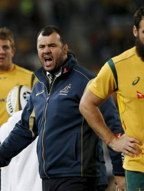 Michael Cheika (middle) prior to the Wallabies recent Bledisloe Cup match with New Zealand.