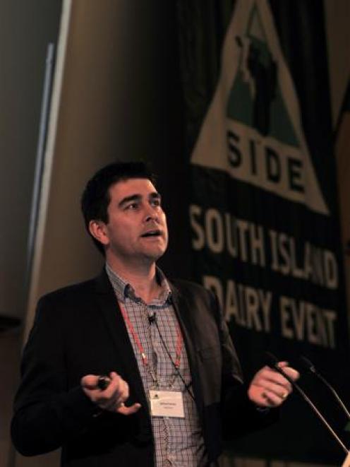 Michael Harvey, from Rabobank, outlines the global dairy outlook to attendees at Business Side in...