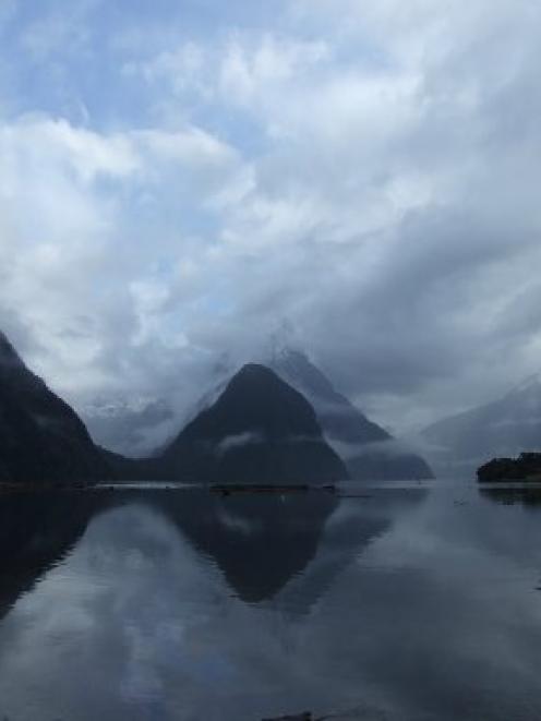 Milford Sound and Mitre Peak on a cloudy day. Photo by Matthew Haggart.