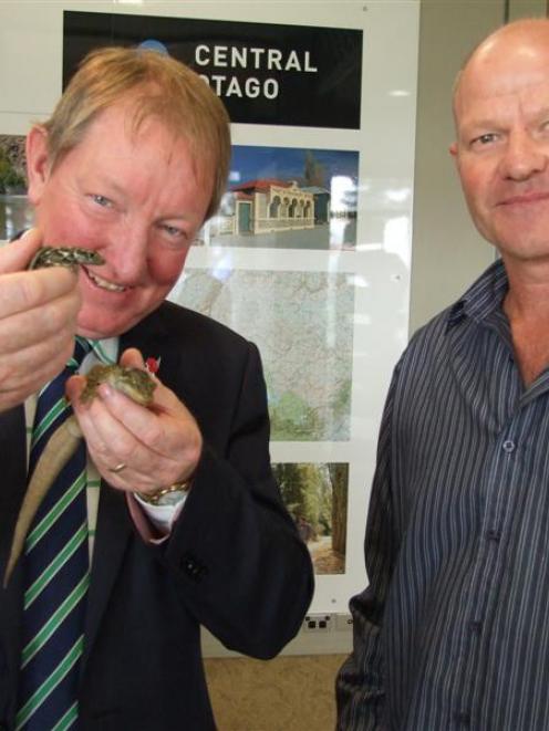 Minister of Conservation Nick Smith (left) and Central Otago Ecological Trustee Grant Norbury, of...
