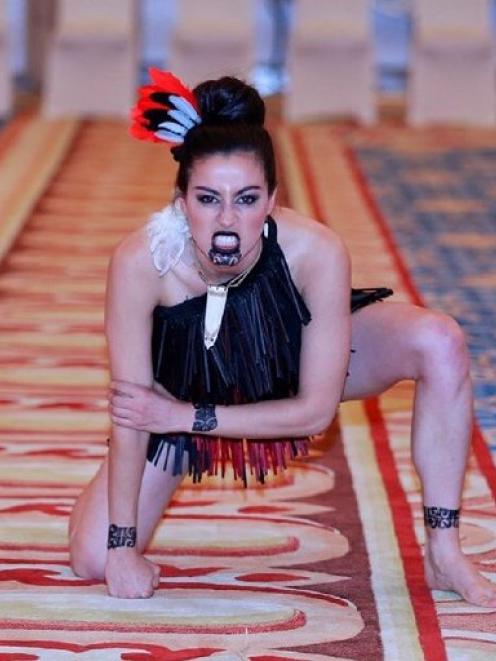 Miss World New Zealand Deborah Lambie does a haka at the Miss World competition in China. Photo...