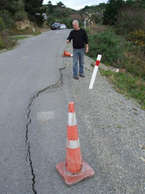 Moeraki Tavern joint owner Barry Johnston points to the effects of recent movement in the Haven...