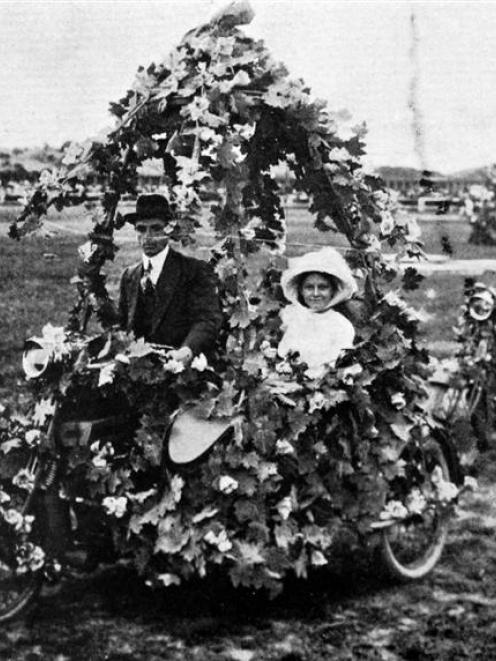 Mr W. Thomson's decorated side-car combination, which won first prize at the motor gymkhana and...