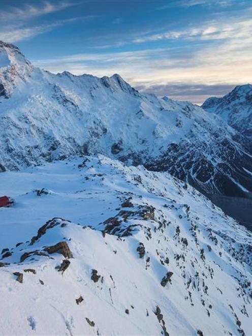 Mt Sefton (left) and Aoraki Mt Cook (right), with Mueller Hut in the foreground, in an image from...