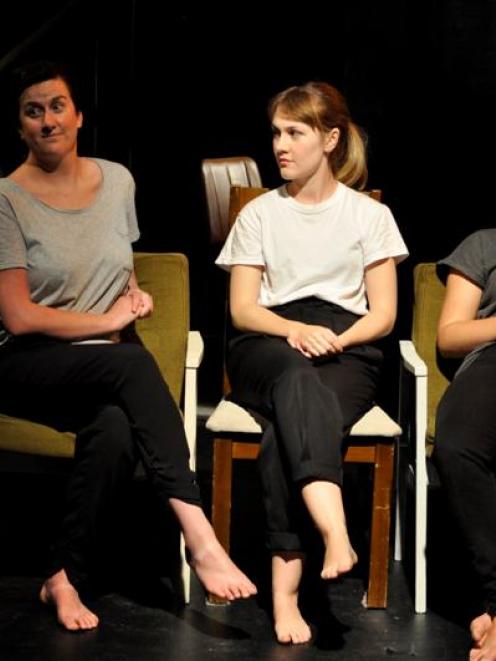 Munted actresses Jackie Shaw, Victoria Abbott and Frith Horan perform a scene from their play....