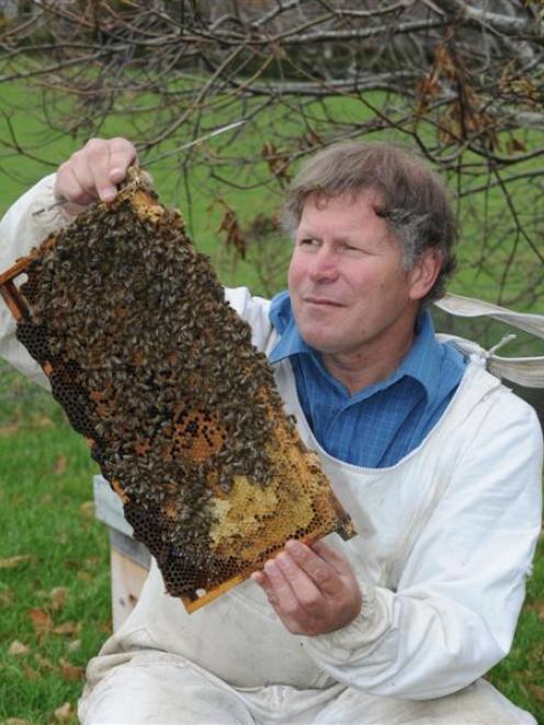 National Beekeepers Association of New Zealand president Frans Laas checks a hive. Photo by...