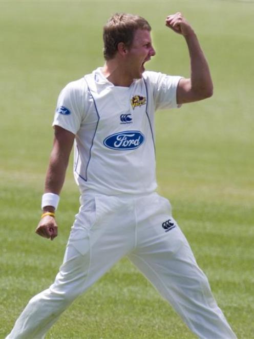 Neil Wagner pumps his fist in delight at another wicket for Otago last summer. Photo from NZ...