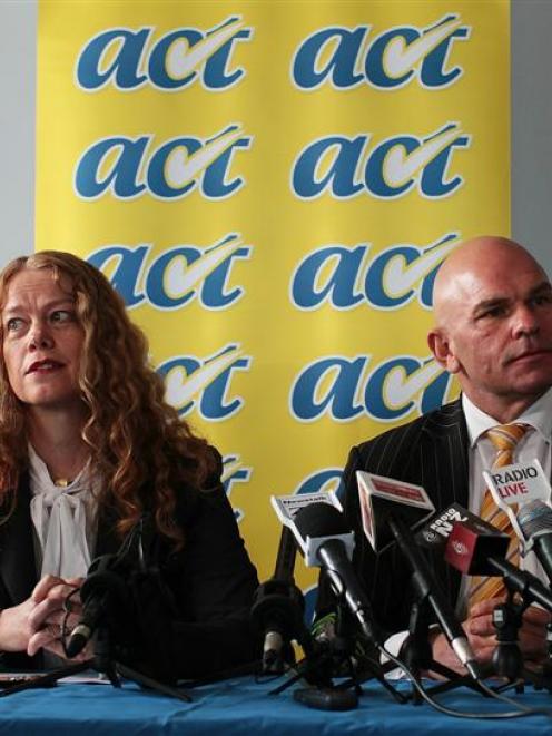 New Act New Zealand MP Hilary Calvert with party leader Rodney Hide field questions at a press...