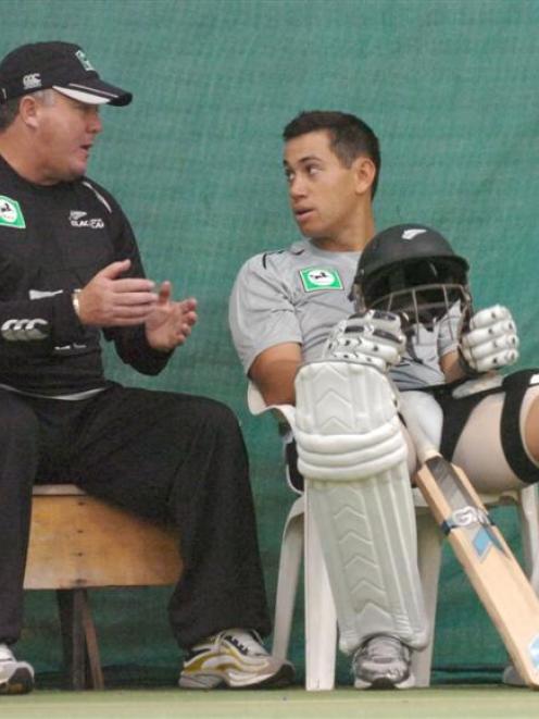 New Black Caps coach Andy Moles has a quiet word with top-order batsman Ross Taylor during an...