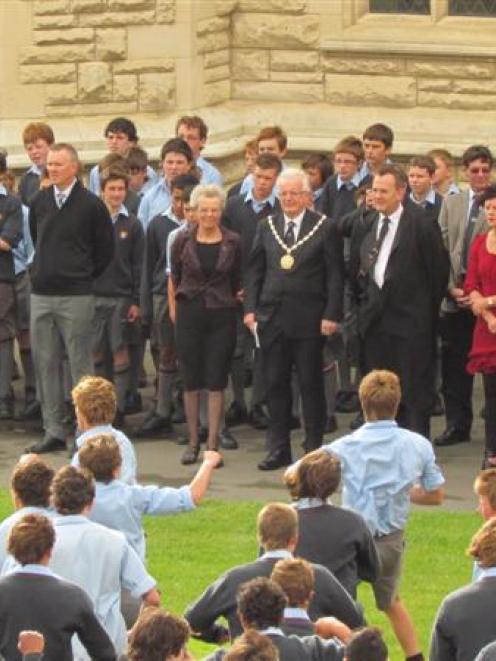 New Waitaki Boys' High School rector Paul Jackson stands beside Waitaki Mayor Alex Familton ...