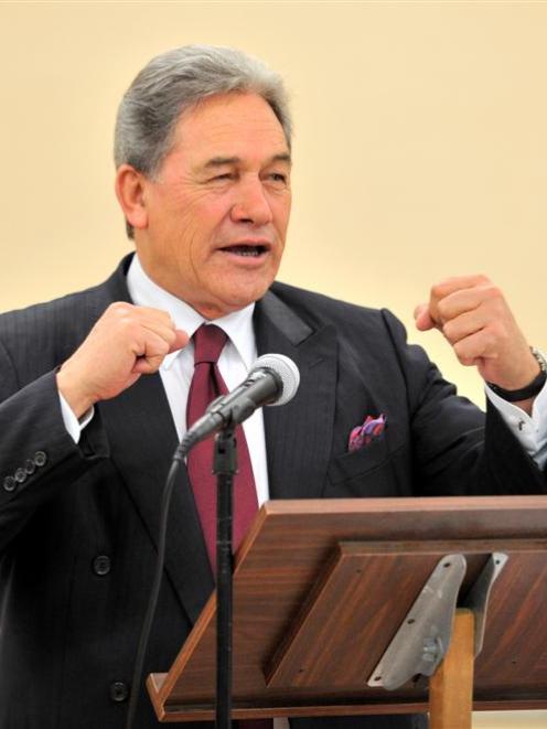 New Zealand First leader Winston Peters addresses supporters in Dunedin last night. Photo by...