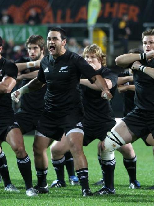 New Zealand perform the haka before playing Wales in the international rugby test at Waikato...