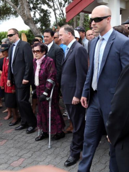 New Zealand Prime Minister John Key and Titewhai Harawira are welcomed with a powhiri at Te Tii...