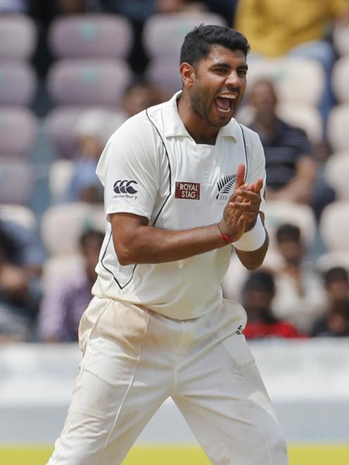 New Zealand's Jeetan Patel celebrates after dismissing India's Ravichandran Ashwin during the...