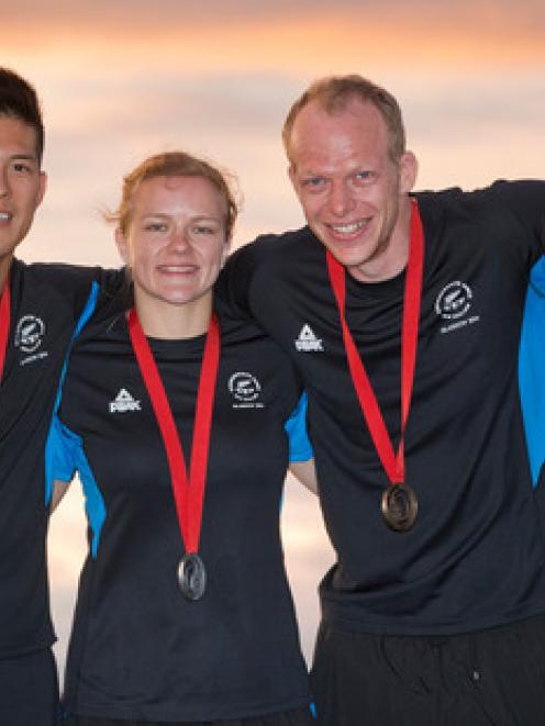 New Zealand's judo medal winners (from left to right) Adrian Leat, Moira De Villiers, Jason...