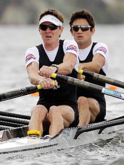 New Zealand's Peter Taylor (left) and Storm Uru compete in the Lightweight Men's Double Sculls...