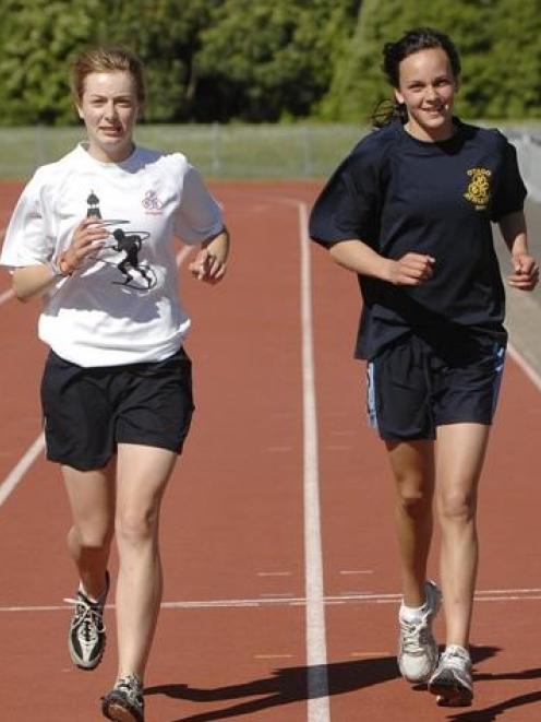 New Zealand schools representatives Anna Kean (left) and Rebekah Greene train at the Caledonian...