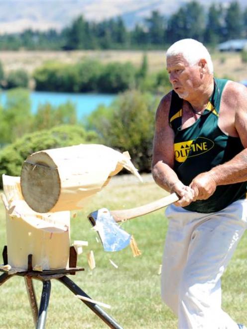 New Zealand veteran axeman  Terry Rice (67), of Christchurch, competes in the standing block...