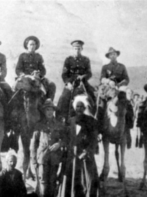 New Zealanders at the pyramids. Mounted on camels (from left): Private Fraser, Lance-Corporal...