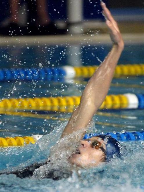 Nick Tyrrell on his way to winning the 200m backstroke final at the Otago swim champs at Moana...