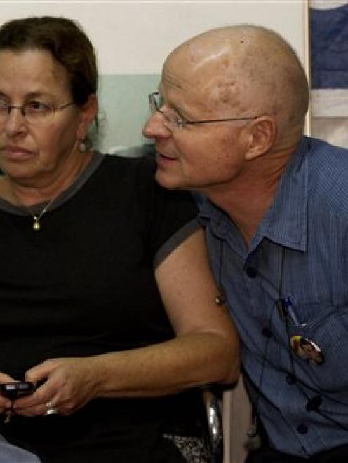 Noam, right, and Aviva Schalit, parents of captured Israeli soldier Gilad Schalit, sit in a...