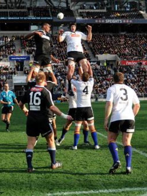 North Island flanker Faifili Levave (left) and South Island lock Tom Donnelly contest a line-out...