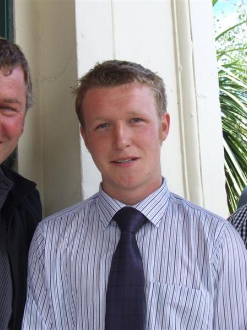 North Otago Federated Farmers-ANZ Bank rural tertiary scholarship recipient Sean Hand, flanked by...