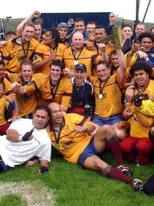 North Otago players and supporters celebrate the Old Golds' 43-19 win over Horowhenua-Kapiti in...