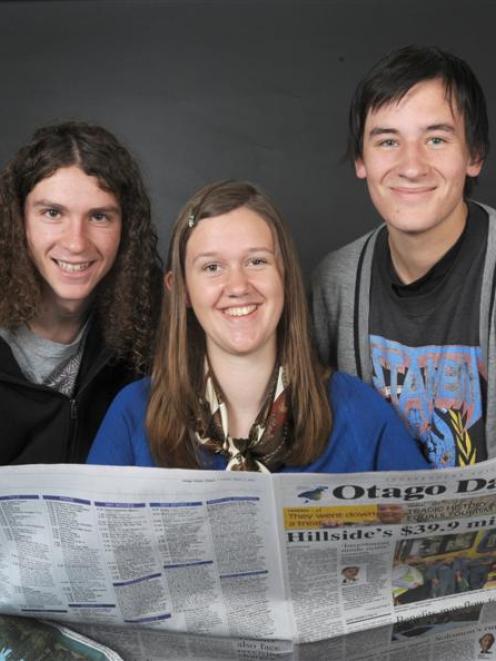 NZQA media studies scholarship winners (from left) Alec Dawson (18), Nell Guy (17) and Jeremy...