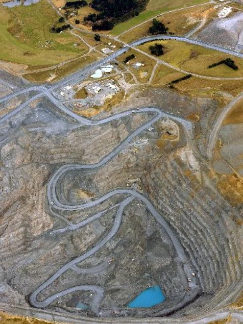 Oceana Gold's open cast Frasers pit, showing the Frasers underground tunnel portal (centre of...