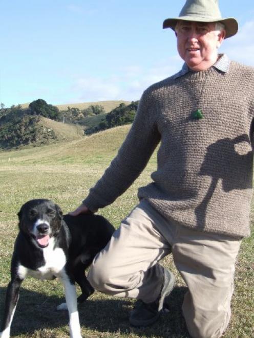 Des Lysaght and Tyke take a break from competing at the Oamaru Collie Club’s trials yesterday....