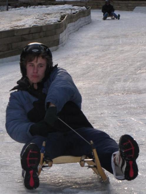 Oliver King (14), of Dunedin, takes a corner on the luge track at Naseby yesterday. Photo by...