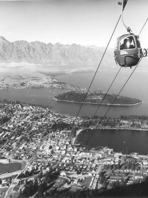 One of the original gondola cars climbs Bob's Peak above Queenstown in the early days. Photo...