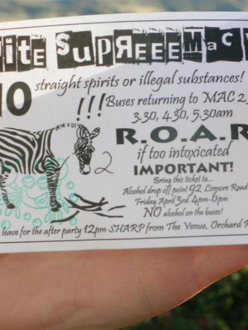 One of the tickets to the Mt Aspiring College school formal "after party" tomorrow which have...