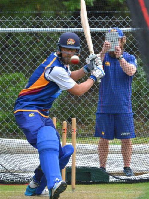 Otago all-rounder Sam Wells gets in some batting practice at the University Oval yesterday. Photo...
