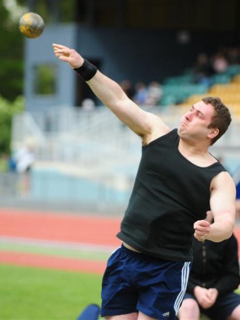 Otago champion Jerram Huston (Taieri) wins the men's shot put at the Caledonian Ground on...