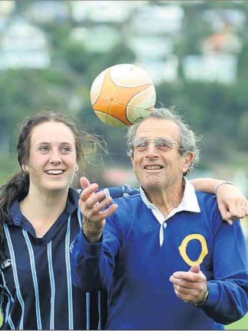 Otago great and 1959 All Black Tuppy Diack tosses a ball at Bathgate Park, Dunedin, yesterday...