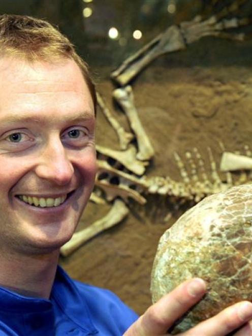 Otago Museum property services co-ordinator Joel Oldridge with the returned dinosaur egg fossil....