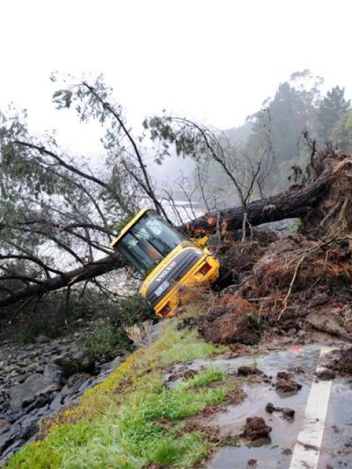 A digger balances on the the edge of Portobello road after being hit by a falling tree. Photo by...